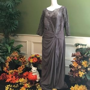 Gray Embellished Long-Sleeve Evening Gown